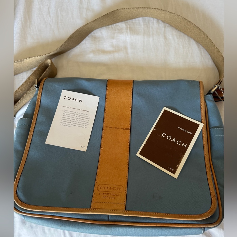 Vintage Coach Transatlantic Messenger Bag Blue with Tan Leather - Picture 2 of 12